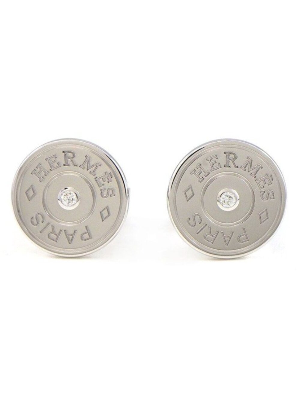 Hermes Earrings Sellier Round Logo Diamond 18k White Gold